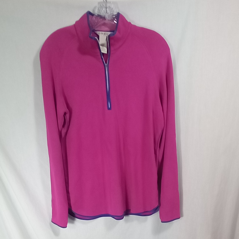 Orvis Passport Pink with Blue trim 1/2 Zip Long Sleeve Pullover Sweater Size L